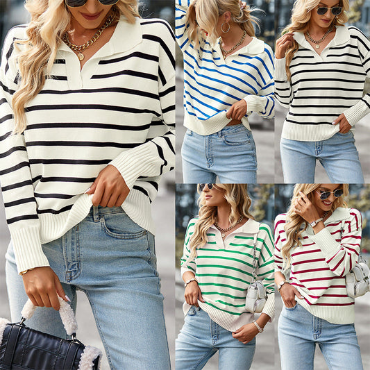 Women Striped Long Sleeve Pullover Sweater Casual Loose Polo V Neck Color Block Lightweight Knitted Fall Shirts Tops BAZONA