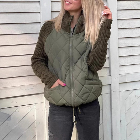 Stand Collar Cotton Jacket With Pockets Fashion Knitted Stitching Zipper Coat Winter Warm Tops For Women BAZONA