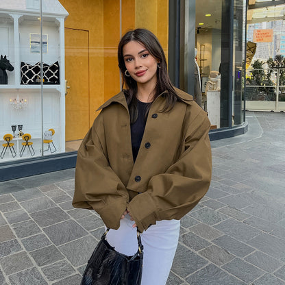 Khaki Lapel Simple Single-breasted Coat BAZONA
