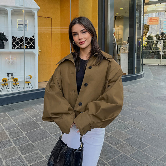 Khaki Lapel Simple Single-breasted Coat BAZONA