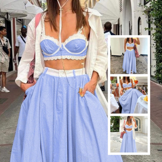 2 Pieces Lace Splicing Sling Vest High Waist Big Swing Skirt Fashion Blue Print Sets Spaghetti Strap Lace Bra And High Waisted Loose Pleated Skirts Sets BAZONA