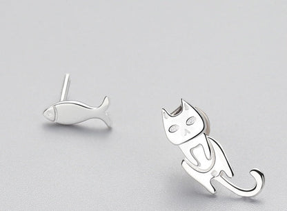 Fashion Asymmetry 925 Sterling Silver Stud Earrings Animal Fish Cat Stud Earrings for Women Personality Jewelry Gifts BAZONA