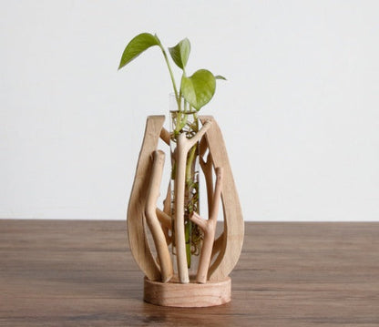 Pure Handwork Wooden Vase Decorated Solid Wood Flower Pot For Creative Glass Floral Hydroponic Container Home Decorative Vase BAZONA