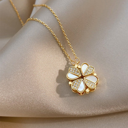 Luxury Four Leaf Clover Pendant Necklace Stainless Steel Crystal Heart Jewelry For Women Gift BAZONA