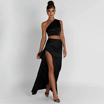One-shoulder Satin Short Top High Waist Split Maxi Dress E BAZONA