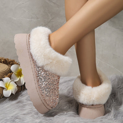 Fashion Sequined Thick-soled Plush Shoes Winter Indoor And Outdoor Casual Warm Slippers Women Garden House Shoes BAZONA