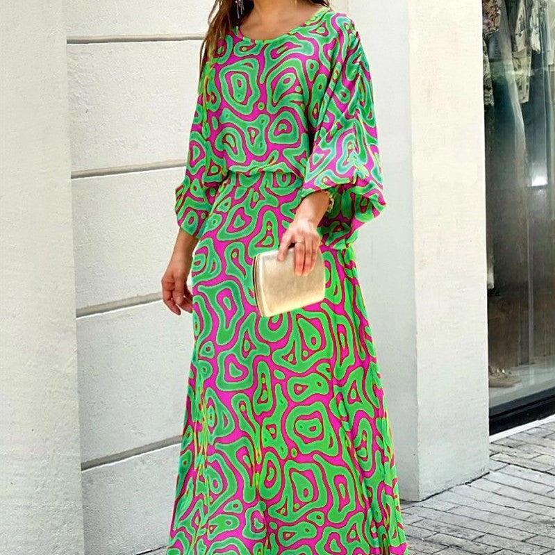 2pcs Women's Dress Suits Fashion Loose Printed Long Sleeve Top And High Waist Long Skirt BAZONA