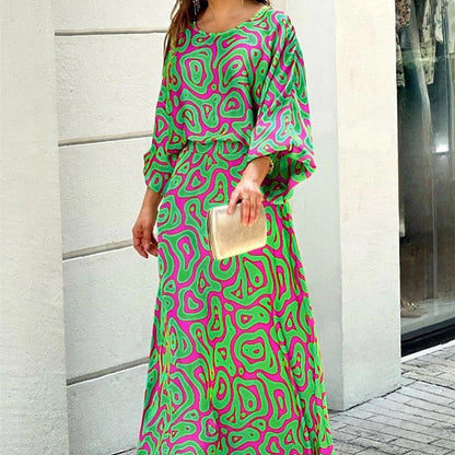 2pcs Women's Dress Suits Fashion Loose Printed Long Sleeve Top And High Waist Long Skirt BAZONA