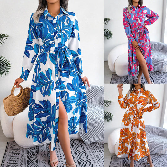 Floral Contrast Lapel Shirt Dress - Tied Waist Long Skirt Style BAZONA