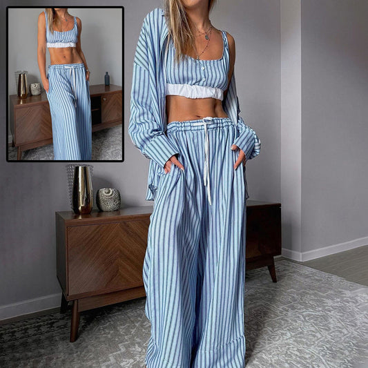 Women's 3 Piece Suit  Y2K Aesthetic Striped Tank Top Long Sleeve Shirt And Elastic Waist Stretch Trousers For Casual Wear BAZONA