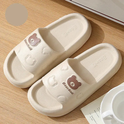 Cute Cartoon Bear Slippers For Women Summer Indoor Thick-soled Non-slip Floor Bathroom Home Slippers Men House Shoes - bazona.com