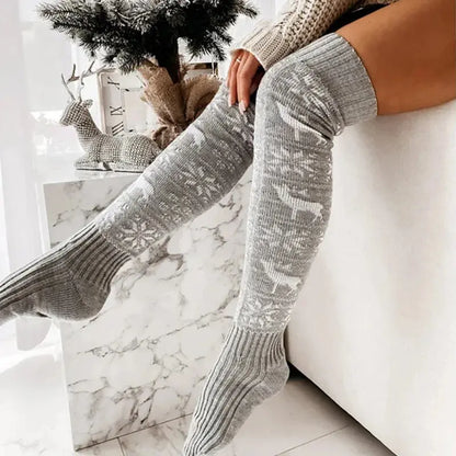 Winter Christmas Warm Knitted Women Stocking Beautiful Elk Snowflake Jacquard Over-the-knee Casual Long Socks For Ladies Gifts Free Size - bazona.com