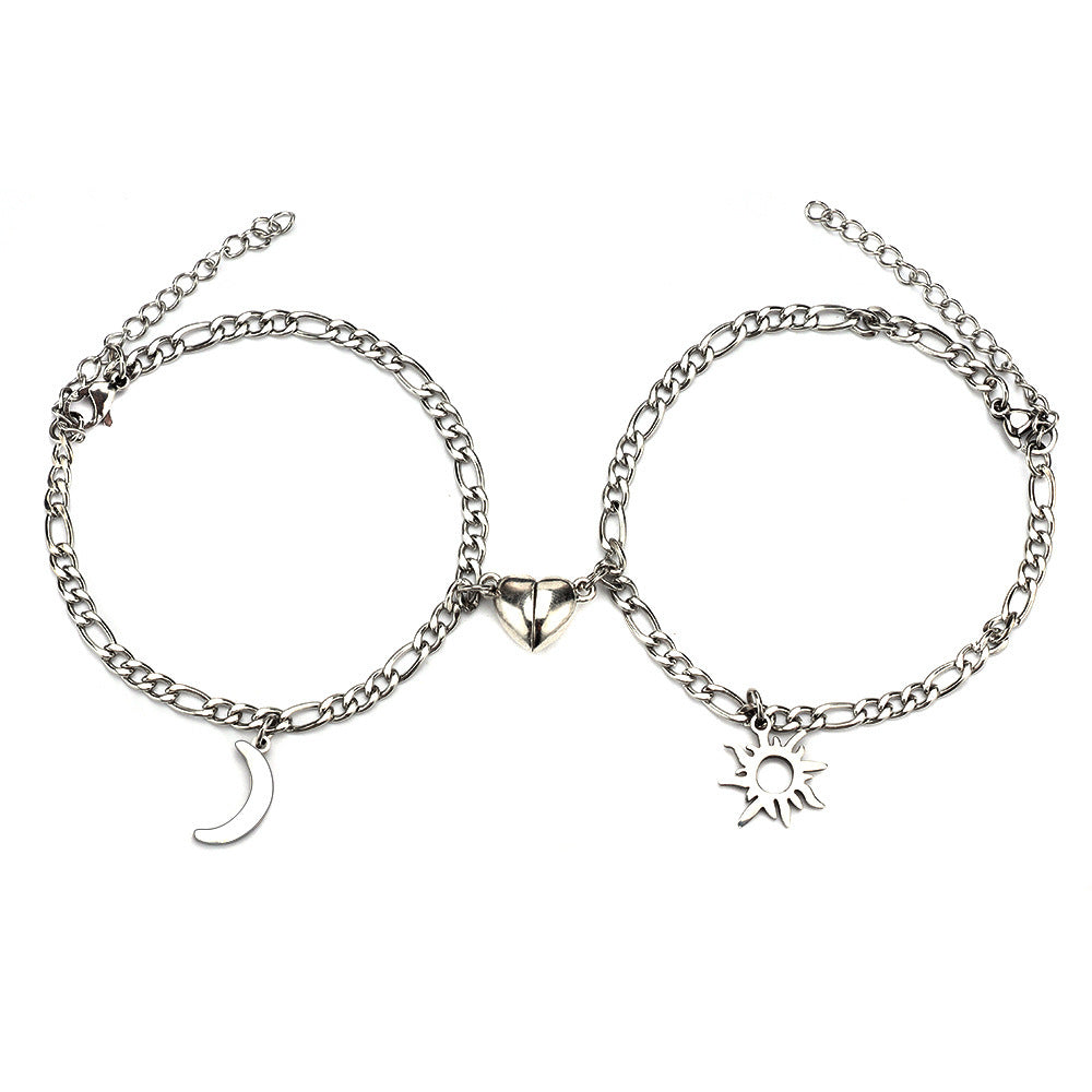2Pcs Sun Moon Charm Magnet Attraction Stainless Steel Bracelets For Couples Men Women Jewelry Wholesale Valentine's Day Gifts - bazona.com