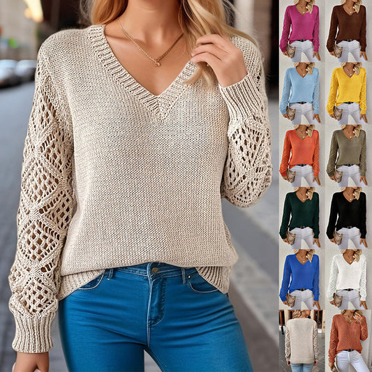 Loose Hollow Knitted Sweater Long-sleeved Pullover V-neck Top Women's Clothing BAZONA