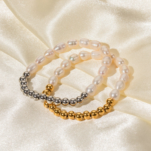 Margaux Freshwater Pearl Bracelet Trendy Stainless Steel Freshwater Pearl Round Bead Bracelet Men Women Gold Silver Color Waterproof Jewelry BAZONA
