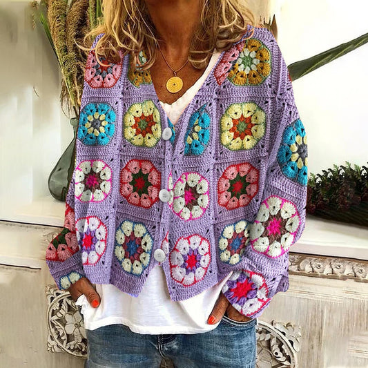 New Christmas Abstract Flowers Printing Sweater Fashion Casual Short Cardigan Coat Womens Clothing BAZONA