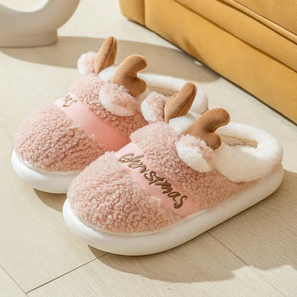 Christmas Shoes Winter Home Slippers Elk Soft Cozy Bedroom Slipper Slip On House Shoes - bazona.com
