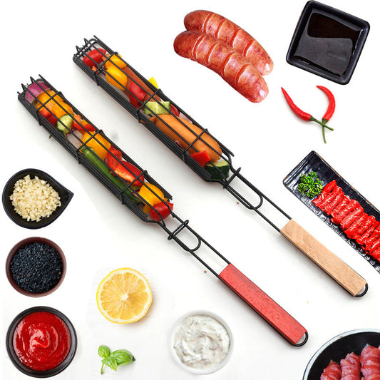 New Mesh Wooden Handle Sausage Clip Barbecue BBQ Tool Rack BAZONA