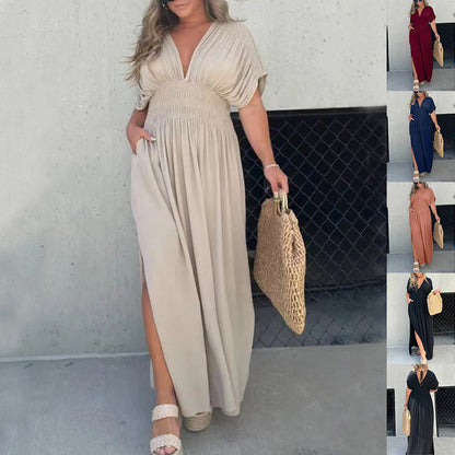 Fashion Bat-sleeved V-neck Slit Dress Summer Short Sleeve Elastic Waist Long Dresses Womens Clothing BAZONA