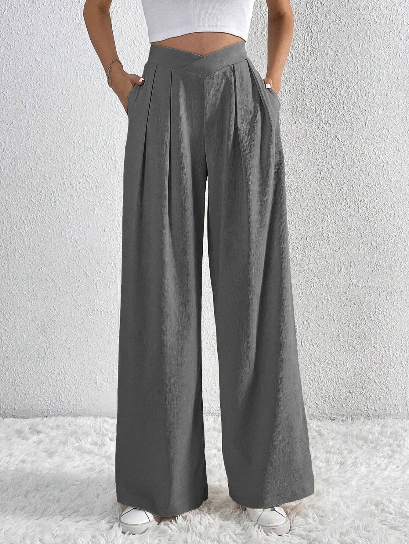 Summer New Solid Color Pleated Casual Wide-leg Pants Loose Casual Women's Commuting Versatile Style Comfortable TrousersS BAZONA