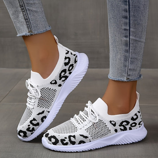 White Shoes Women Leopard Print Lace-up Sneakers Sports - bazona.com