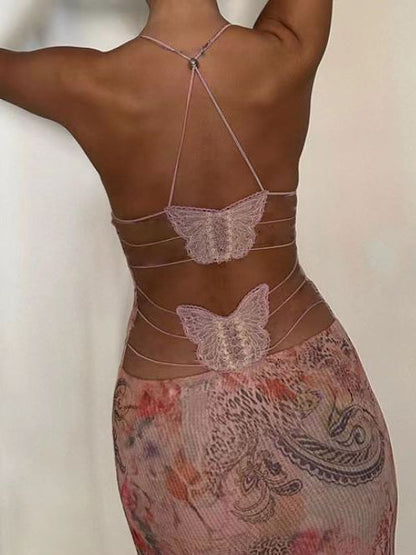 Floral Print Halter Spaghetti Straps Dress Sexy Slim Butterfly Back Dressess Spring Summer Womens Clothing BAZONA