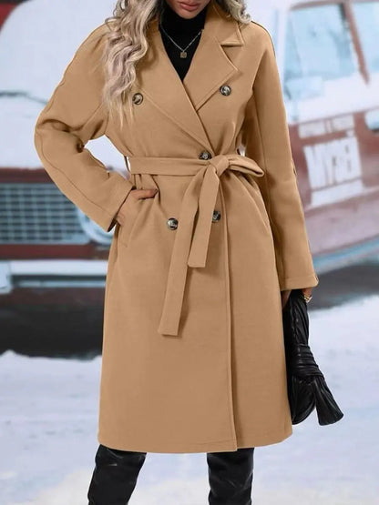 Lapel Double-breasted Trench Coat With Belt Winter Fashion Solid Color Long Jacket Outwear Women Clothing - bazona.com