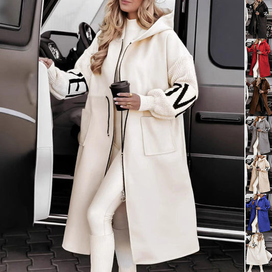 Hooded Windbreaker Long Jacket With Pockets And Drawstring Design Solid Color Knit-Sleeved Trench Coat For Women Clothing Fall Winter BAZONA