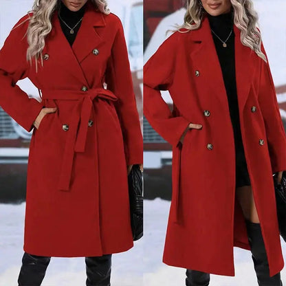 Lapel Double-breasted Trench Coat With Belt Winter Fashion Solid Color Long Jacket Outwear Women Clothing - bazona.com