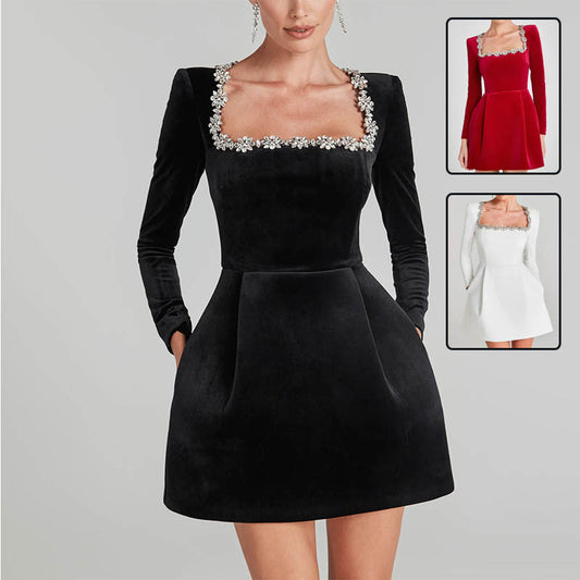 Elegant Square Neck Long-sleeved Dress With Flowers Rhinestone Design Fashion A-line Short Dresses Spring Clothing For Women BAZONA