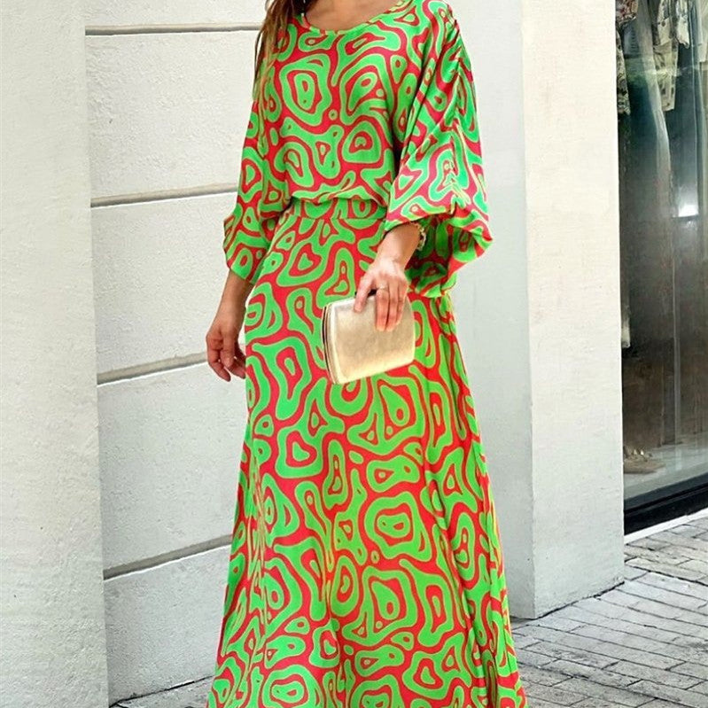 2pcs Women's Dress Suits Fashion Loose Printed Long Sleeve Top And High Waist Long Skirt BAZONA