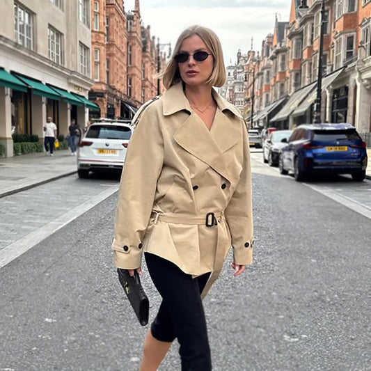 Women's Long-sleeved Lapel Lace-up Waist-controlled Mid-length Trench Coat BAZONA
