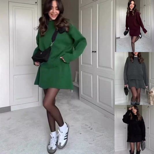 Sweater Skirt Sets For Women 2 Pieces Knit Casual Versatile Long Sleeve Pullover Elegant Solid High Waist Mini Skirt Outfit BAZONA