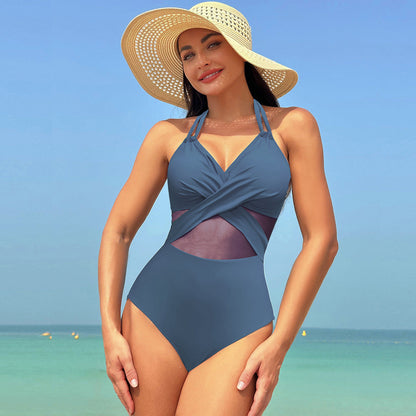 Halter-neck One-piece Swimsuit Summer Solid Color Cross-strap Design Mesh Bikini Beach Vacation Womens Clothing BAZONA