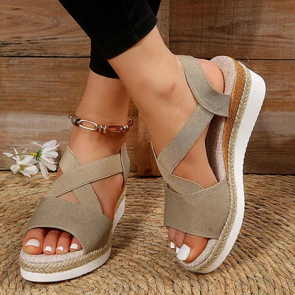 Wedge Sandals For Women Cross-strap Platform Gladiator Hemp Heel Shoes Summer - bazona.com