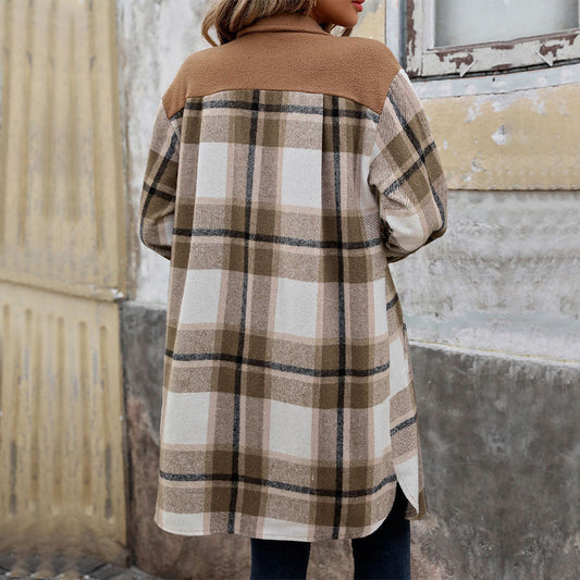 New Brushed Plaid Long Coat With Pockets Fashion Winter Jacket Outwear Women's Clothing BAZONA