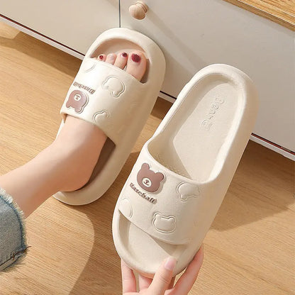Cute Cartoon Bear Slippers For Women Summer Indoor Thick-soled Non-slip Floor Bathroom Home Slippers Men House Shoes - bazona.com