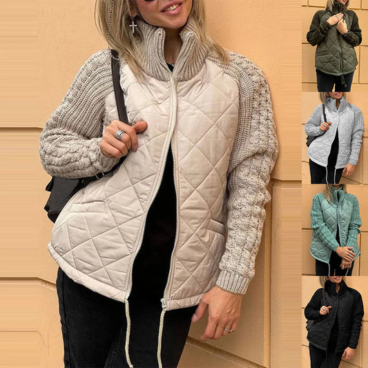 Stand Collar Cotton Jacket With Pockets Fashion Knitted Stitching Zipper Coat Winter Warm Tops For Women BAZONA