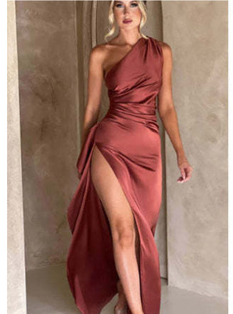 Sexy One-shoulder Backless Slit Dress Summer Elegant Slim-fit Solid Color Satin Dresses For Women BAZONA
