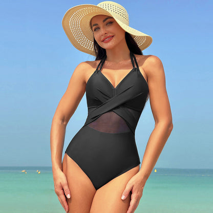 Halter-neck One-piece Swimsuit Summer Solid Color Cross-strap Design Mesh Bikini Beach Vacation Womens Clothing BAZONA