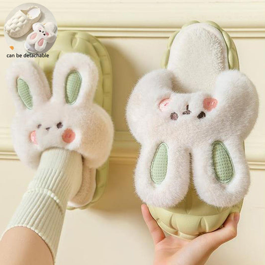 Cute Rabbit Shoes Winter Fuzzy Slippers Women Detachable Washable House Shoes BAZONA