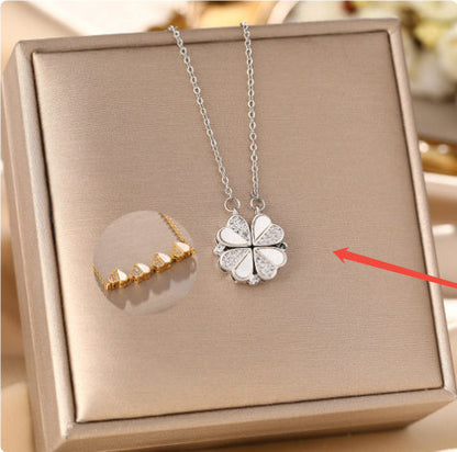 Luxury Four Leaf Clover Pendant Necklace Stainless Steel Crystal Heart Jewelry For Women Gift BAZONA