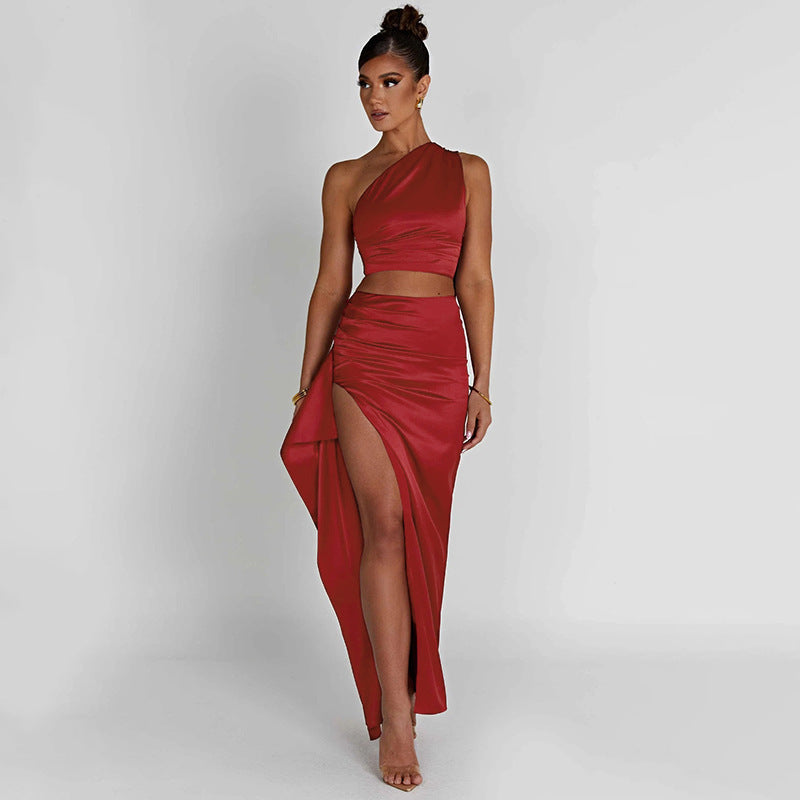 One-shoulder Satin Short Top High Waist Split Maxi Dress E BAZONA