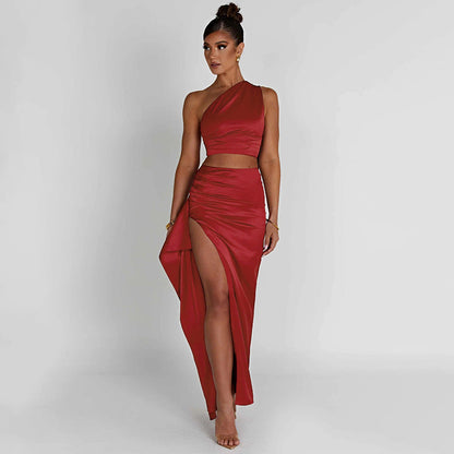 One-shoulder Satin Short Top High Waist Split Maxi Dress E BAZONA
