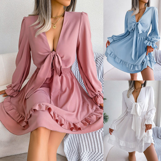 Summer Dresses Solid Color V-neck Long Sleeve Dress For Women Sexy V-neck Lace Up A-line Dress Women's Beach Dress BAZONA