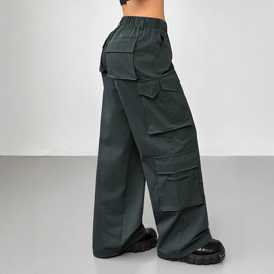 Casual Pants Elastic Waist High Waist Wide-leg Workwear Trousers BAZONA