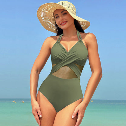 Halter-neck One-piece Swimsuit Summer Solid Color Cross-strap Design Mesh Bikini Beach Vacation Womens Clothing BAZONA