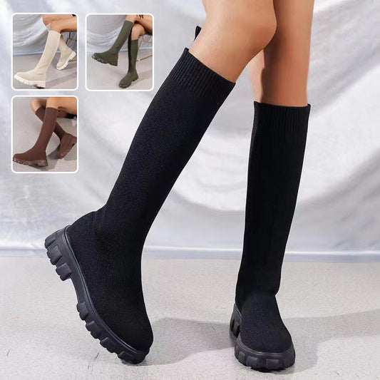 Fashion Knitted Boots Women's Flyweaving Breathable Thick-soled Skinny Boots Winter Fall Shoes BAZONA