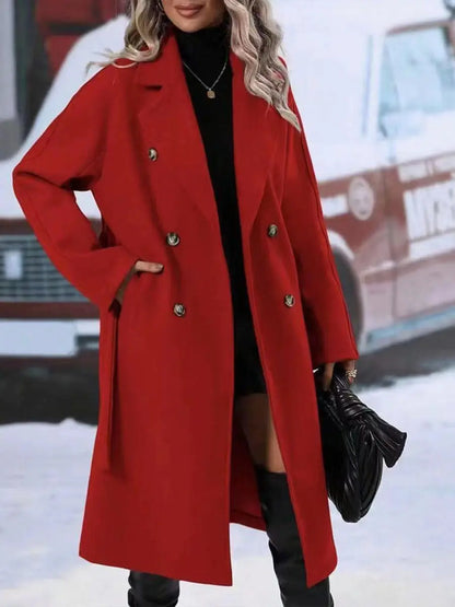 Lapel Double-breasted Trench Coat With Belt Winter Fashion Solid Color Long Jacket Outwear Women Clothing - bazona.com