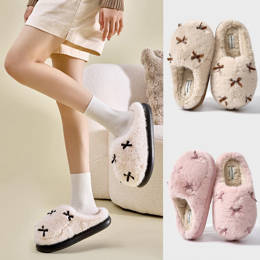 Women's Cute Plush Home Slippers Butterfly Knot Cotton Slippers Comfortable Thick Bottom Outdoor Slippers Winter Indoor Soft Warm Slippers BAZONA